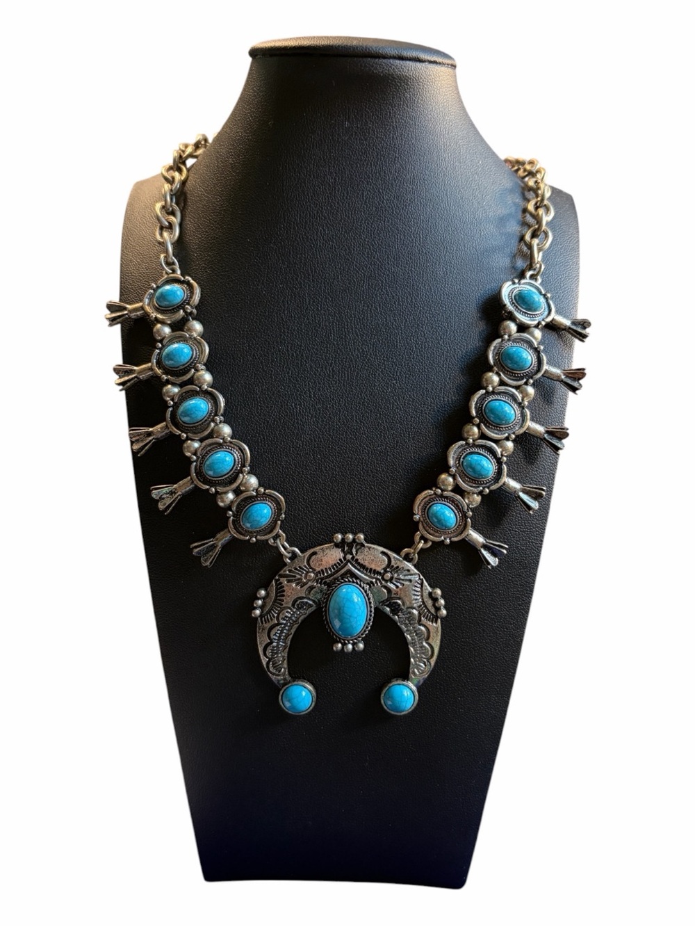 Vintage Faux Turquoise Squash Blossom Necklace Silver Tone 20”